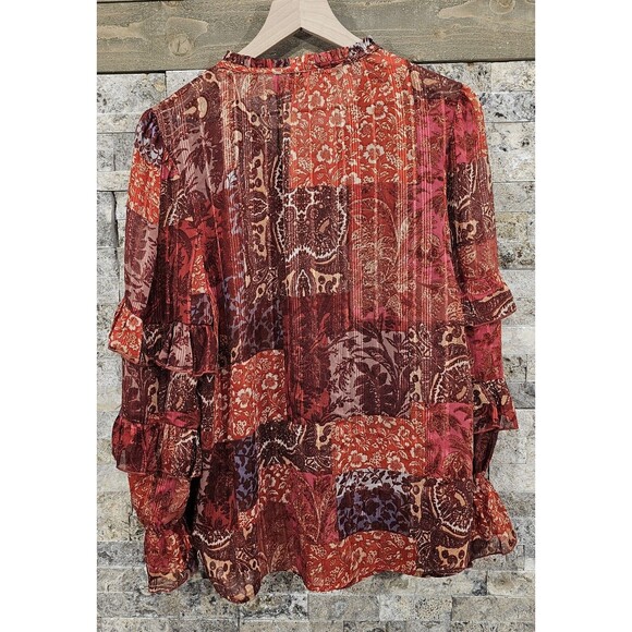 Frye Womens Tunic Top Patchwork Ruffled Long Sleeve Chiffon Peasant Boho Large - Picture 16 of 16